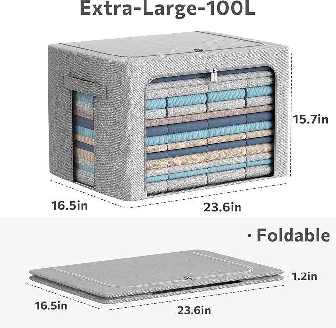 CYhom 2Pack Extra Large Clothes Storage Bins Box - Linen Fabric Foldable Stackable Container Organizer Set with Clear Window & Carry Handles & Metal Frame (Light Grey, Extra Large-100L)