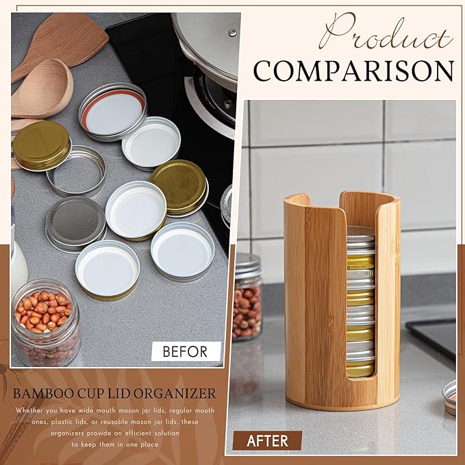 Suclain 2 Pcs Mason Jar Lid Organizer Bamboo Vertical Mason Jar Lid Storage Accessories Tumbler Lids Holder Cup Lids Organizer for Home Kitchen Countertop Cupboard(Only for Wide Mouth)
