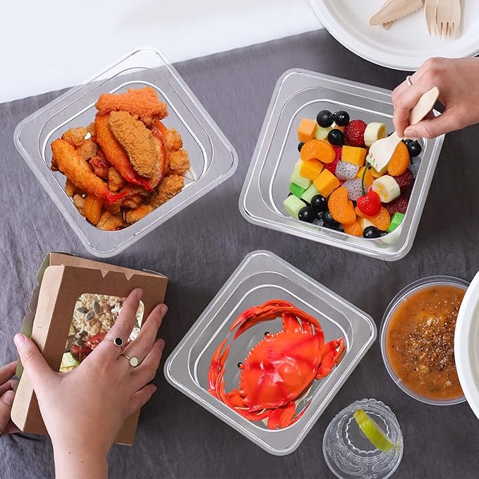Yinder 6 Pcs Plastic Clear Food Pans 1/6 Size Stackable Polycarbonate Food Containers with Capacity Indicator Restaurant Commercial Hotel Pan for Fruits Vegetables Beans Corns (4'' Deep)