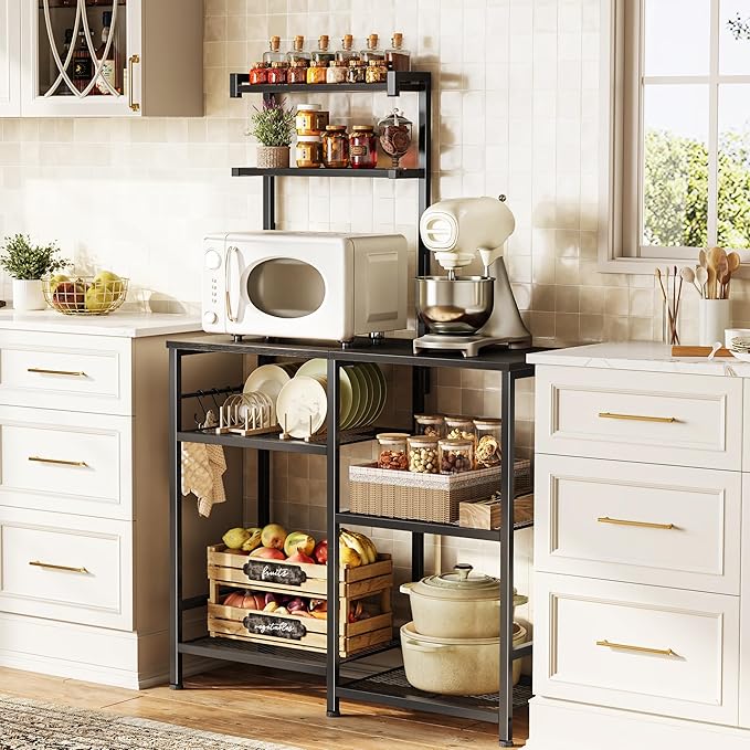 Huuger 31.5 Inch Bakers Rack with Power Outlets, Kitchen Microwave Stand with Storage, Coffee Bar with 4 Hooks, 3-Level Height Open Shelves, Black
