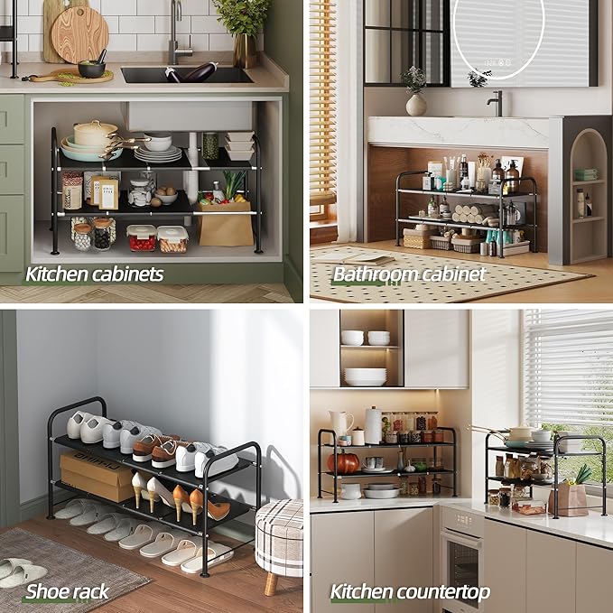 Under Sink Organizers and Storage — 2-Tier Bathroom Sink Cabinet Organizer with 8 Removable Carbon Steel Panels, Height Adjustable, (27.36–36.02)" W × 12.28" D × 16.93" H