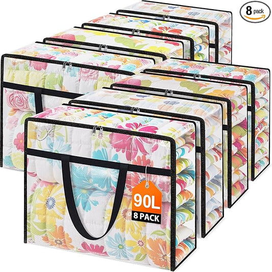 Clear Under Bed Storage Containers - 8 Pack Large Capacity Clothes Storage Bags with Lid & Sturdy Handles, Foldable Moving Bags, Clothing Organizer Totes for Bedding, Comforter, Sheet（90 L）