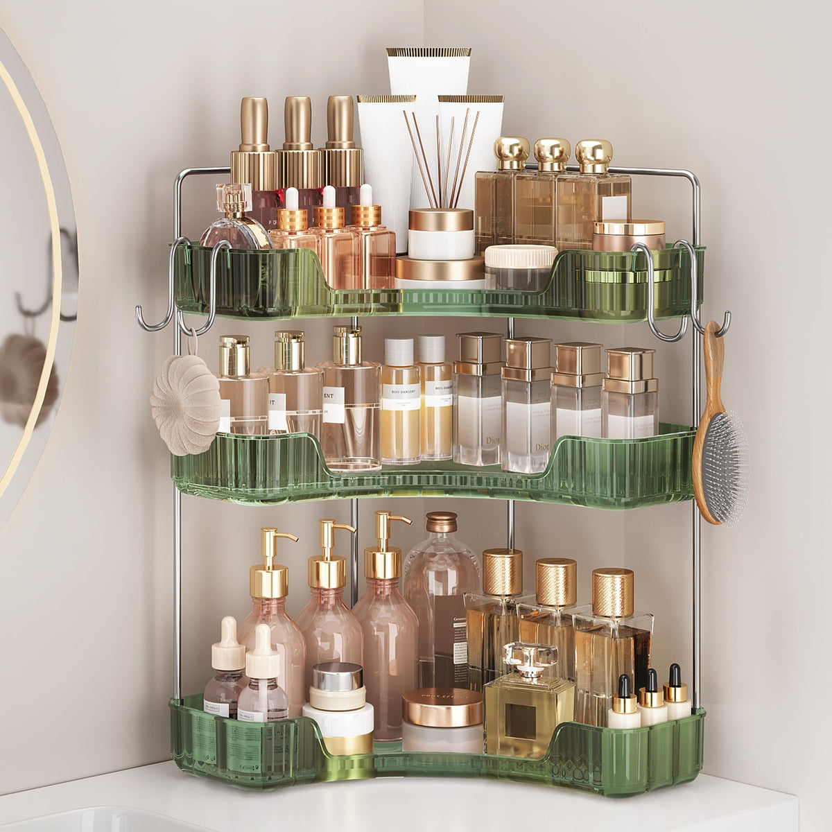 3-Tier Green Corner Organizer, PET Counter Storage with Hooks - Image 1