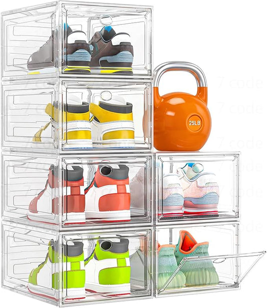 Thickened Clear Shoe Storage Organizer with Magnetic Door, Sturdy Stackable Shoe Boxes for Closet, Collapsible Space-Saving Shoe Rack for Sneakers & Boots, Plastic Shoe Cabinet Box Set, 6 Pack, White