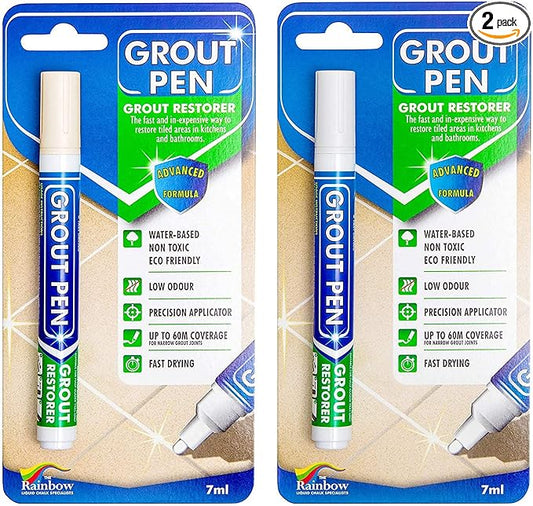 Grout Pen Tile Paint Marker: Waterproof Grout Colorant and Sealer Pen to Renew, Repair, and Refresh Tile Grout - Cleaner Coating Stain Pens - 2 Pack, 5mm Narrow Ivory and 5mm Narrow White Tip