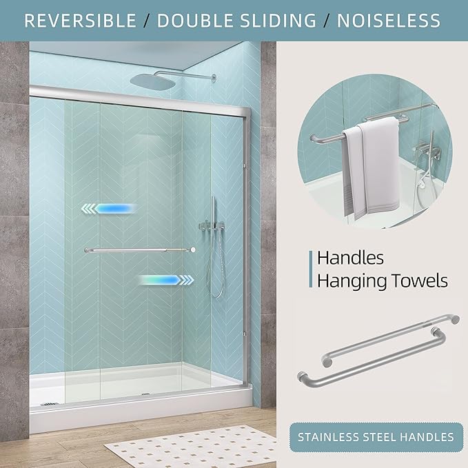 GETPRO Semi-Frameless Shower Door Double Sliding 68-72 in. W x 72 in. H Bypasss Bathroom Glass Shower Sliding Doors,1/4 inch Clear Tempered Glass Door for Walk-in Shower Brushed Nickel