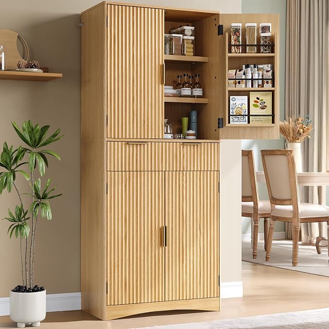 Marsail 72" Tall Kitchen Pantry Cabinet, Spacious Storage Cabinet with a Drawer, 4 Adjustable Shelves, 6 Door Shelves, Anti-Tip Safety, Fluted Cabinet for Kitchen, Dining, and Living Room, Natural