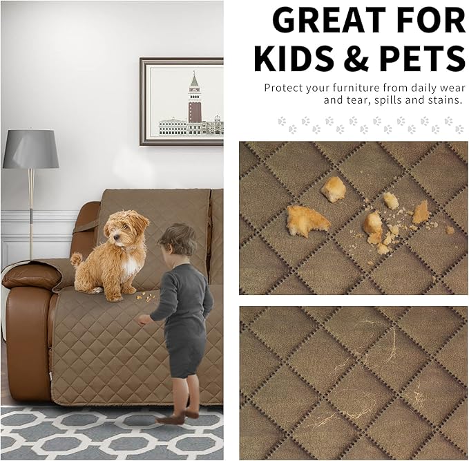 Easy-Going Loveseat Recliner Cover, Reversible Couch Cover for Double Recliner, Split Sofa Cover for Each Seat, Furniture Protector with Elastic Straps for Kids, Dogs, Pets(2 Seater, Camel/Ivory)