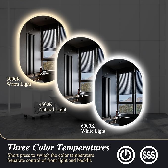 S'bagno 2pcs 28x20 inch Oval-Led-Bathroom-Mirror Dimmable Brightness, Lghted-Bathroom-Mirror with Defogger, Touch-Buttons, Lights Color Changing, Vertical and Horizontal