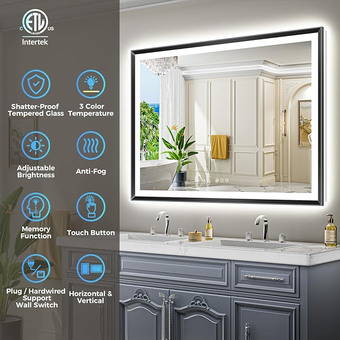 51x36 Black Framed LED Bathroom Mirror with Lights, Backlit and Front Light, Lighted Bathroom Vanity Mirror for Wall Dimmable Anti-Fog Memory Tempered Glass Horizontal/Vertical