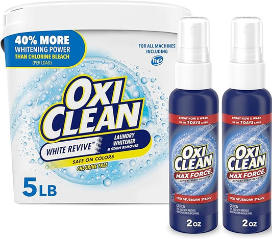 Bundle of OxiClean Max Force Laundry Stain Remover Spray, 2 fl oz, 2PK + OxiClean White Revive Laundry Whitener and Stain Remover Powder, 5 lb