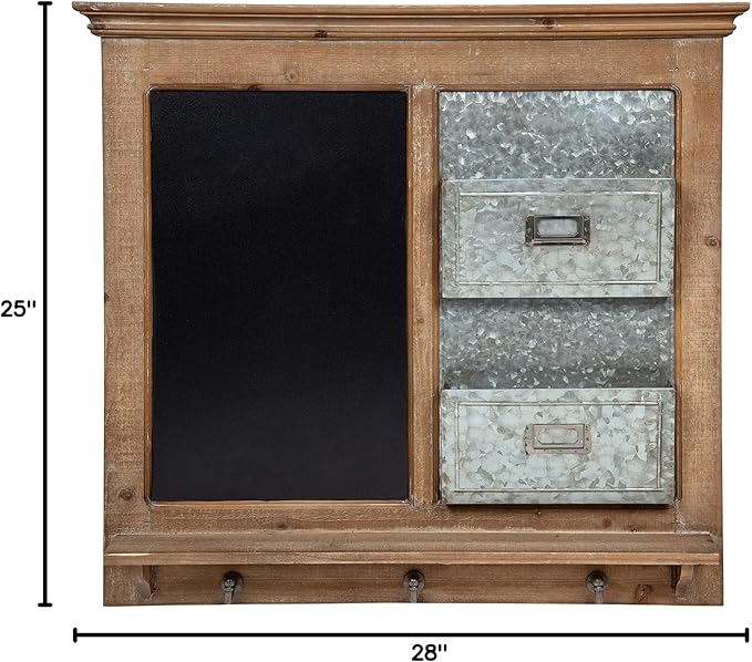 Kate and Laurel Idamae Wood Framed Chalkboard Wall Organizer with Mail Holders and Key Hooks, 28" x 25", Rustic Brown, Farmhouse-Inspired Chalkboard