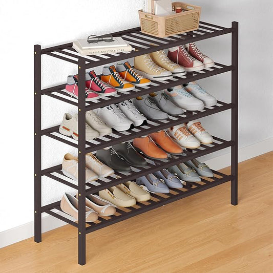 Smiry Bamboo Shoe Rack for Closet, 5 Tier Long Wooden Stackable Shoe Organizer, Free Standing Shoes Storage Shelf for Entryway, Front Door Entrance, Brown