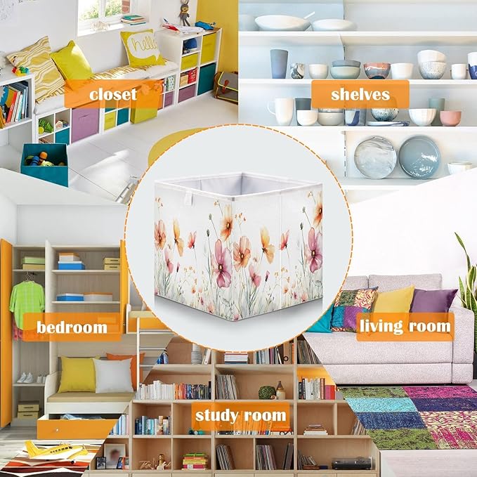 Bolaz Flowers on White Background Closet Organizers Storage Cubes Storage Bins Shelf Baskets Containers for Home Room Office,Square