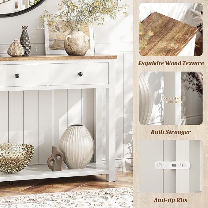 Homieasy Farmhouse Console Table with 3 Drawers, 47 Inch Wood Sofa Table with Storage Shelf for Living Room, Behind Couch, Entryway Table for Hallway, Living Room, or Foyer, Brown and Antique White
