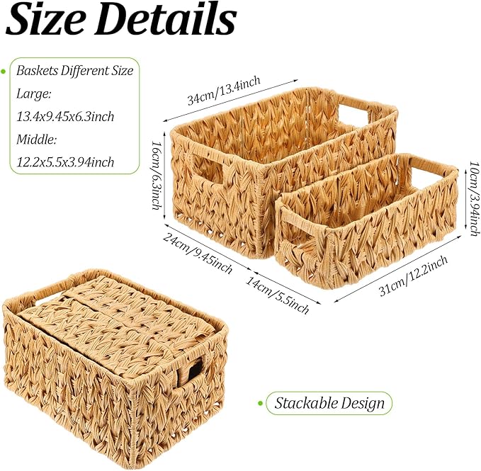 3 Pcs Plastic Water Hyacinth Wicker Baskets, 2 Sizes Large Rectangular Woven Storage Baskets with Handles for Home Organizing