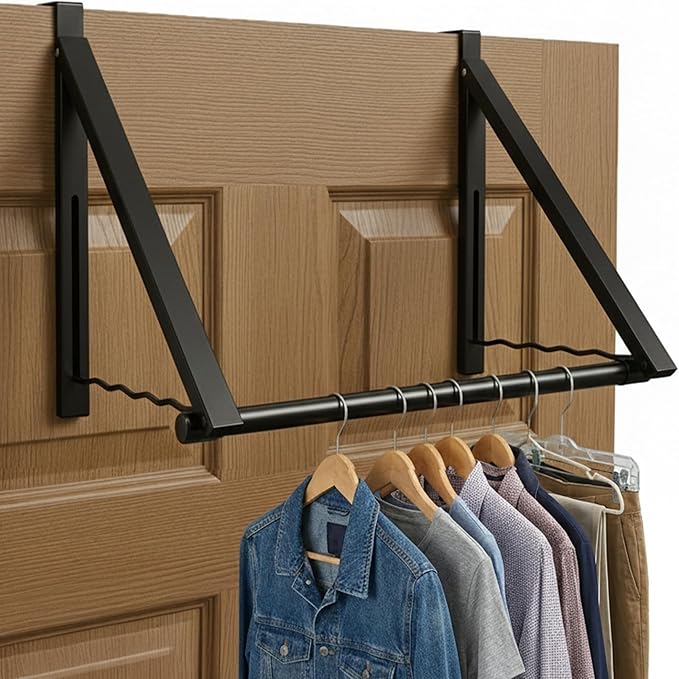 HOLDN’ STORAGE Over The Door Hanger - Foldable Rack Organizer for Hanging Clothes, Coats & Towels, Ideal for Dorm Rooms, Laundry, Bathrooms, Etc - Holds up to 35 LBs, Collapsible - Black (2 Pack)