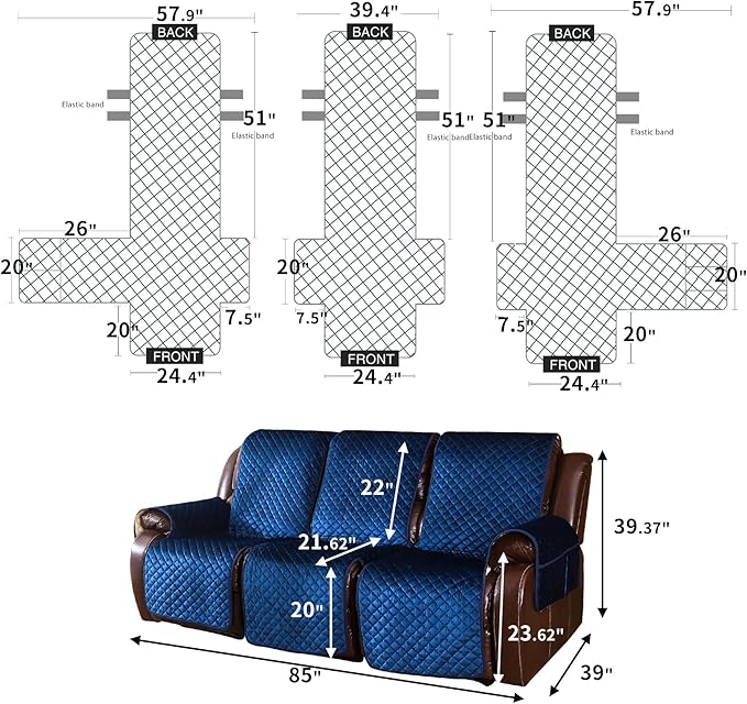 LUFEIJIASHI Non Slip Recliner Couch Covers for 3 Cushion Couch Sofa Reclining, Waterproof Recliner Sofa Covers 3 Seat, Velvet Reclining Couch Covers for Furniture Protector for Dogs Pets Navy Blue