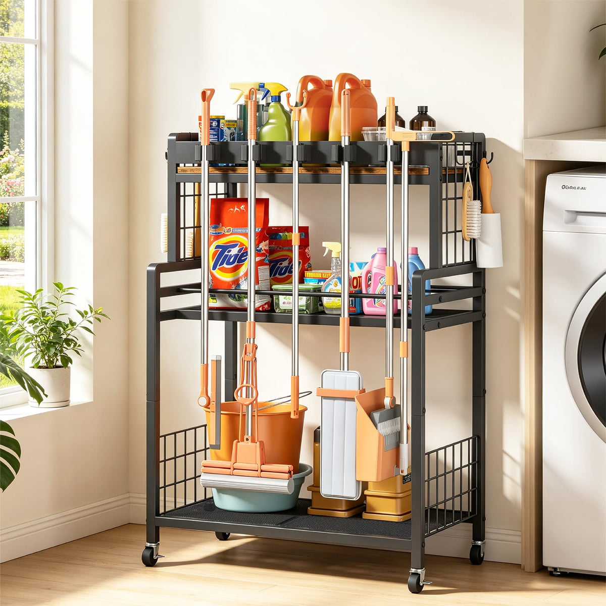 Broom and Mop Holder, 3-Tier Rolling Cleaning Supplies - Image 1