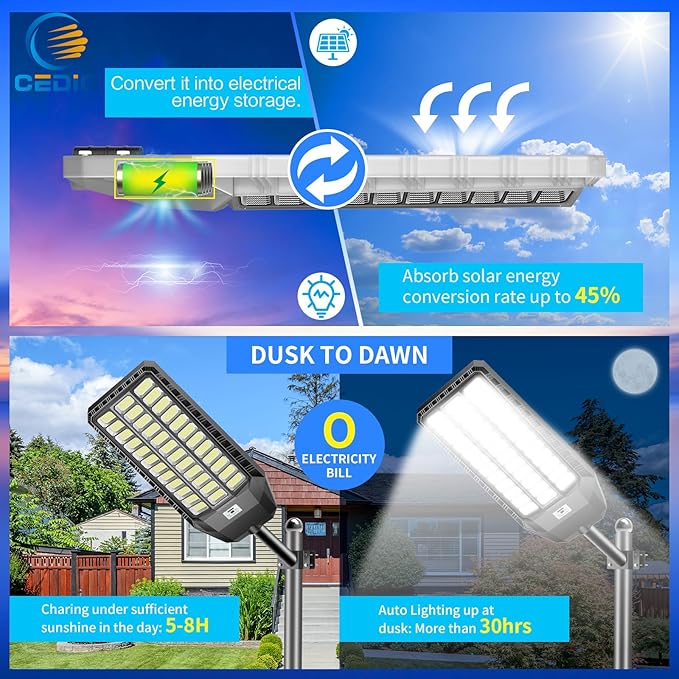 CEDIO Solar Street Light Outdoor, Plus Large Solar Lights IP67 Waterproof, LED Flood Lights Parking Lot Light Outdoor Motion Sensor with Remote Control (9500W-2PACK)
