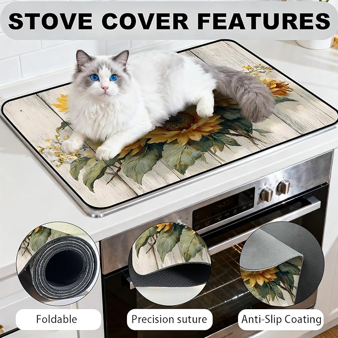 Glass Stove Top Covers for Electric Stove, Heat Resistant Counter Protector Mat, Non Slip Waterproof Surface Cover for Kitchen Counter and Cooktop (Rustic Sunflowers, 28"L x 20"W)