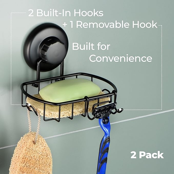 HASKO 2 Pack Suction Cup Soap Dish for Shower Wall, Rustproof Stainless Steel, Shower Soap Holder with Hooks, Includes Optional No Drill Adhesive Mount for Bathroom, 2 Soap Savers, Black
