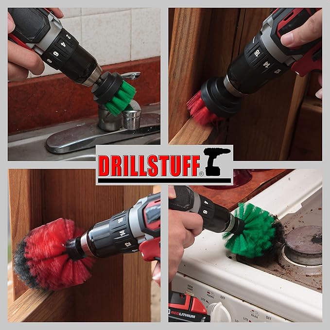 4-Piece Cordless Drill Scrub Brush Attachment Kit, Medium Green and Stiff Red Versions, Stainless Steel Handle