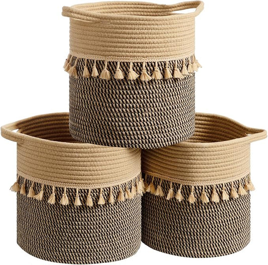 danpinera Pack of 3 Storage Baskets, 11"x11" Round Woven Baskets, Cotton Rope Basket for Storage Pillows, Towels, Toy, Clothes, Magazines, Black & Brown
