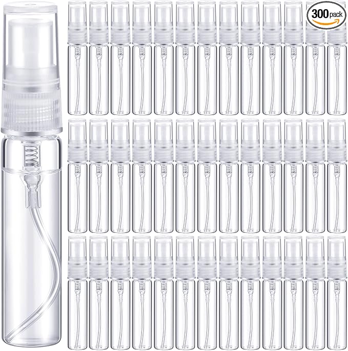 Tanlade 300 Pcs 5ml Mini Spray Bottles Refillable Clear Glass Travel Perfume Atomizer Mouthwash Bottle Cologne Small Sample Containers for Essential Oils, Retailers