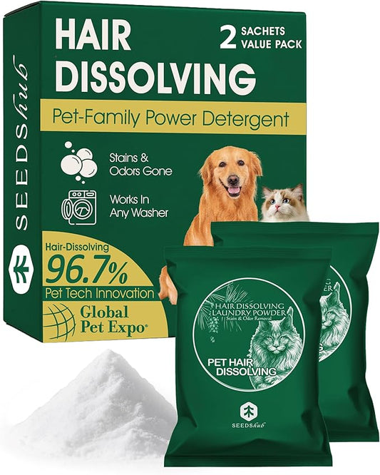 Pet Hair Remover for Laundry - Hair Dissolving Laundry Powder, Laundry Detergent & Stain Remover for Clothes, Dog Hair Remover, Cat Hair Remover, 96.7% Pet Hair Dissolving Rate, 2 Sachets