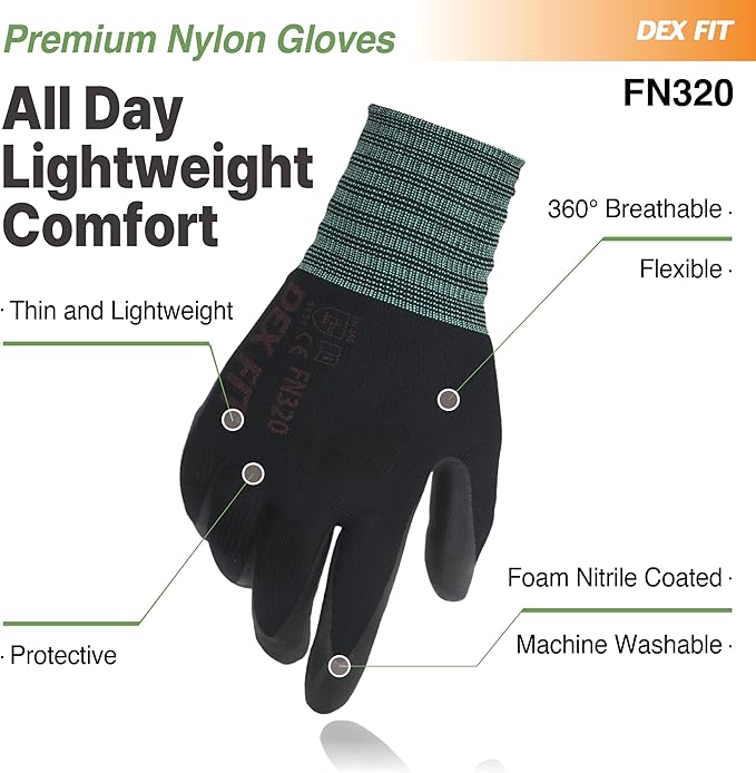 DEX FIT Premium Nylon Nitrile Work Gloves FN320, 3 Pairs, 3D-Comfort Stretchy Fit, Firm Grip, Thin & Lightweight, Durable, Breathable & Cool, Machine Washable; Black 6 (XS)