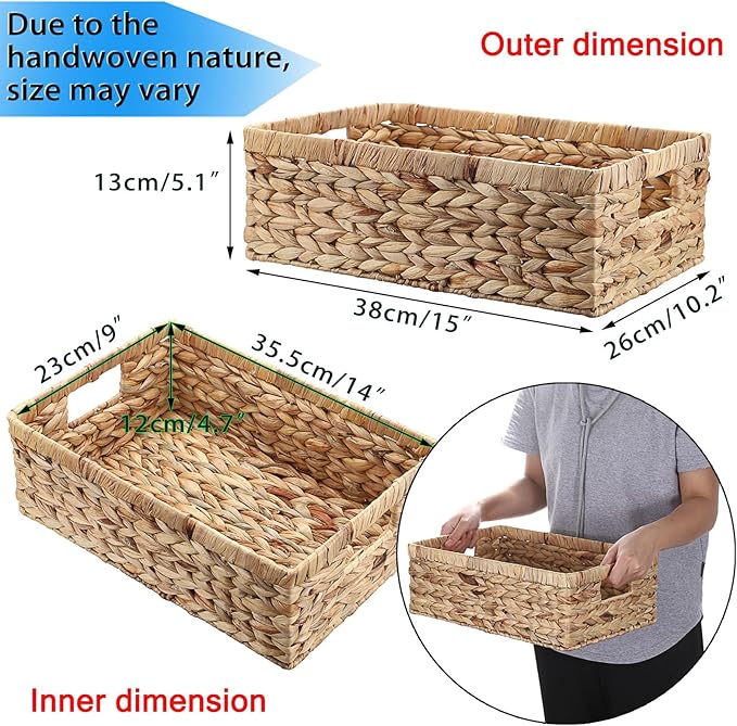 Hipiwe Wicker Storage Basket Bin Rectangular Wicker Baskets with Handles Natural Water Hyacinth Pantry Baskets Large Handwoven Basket Bin for Shelves Home Office Organizing,15"x10.2"