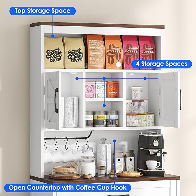 69.3" Tall Kitchen Pantry Cabinet with Door, Drawer and Storage Shelves, Large Storage Cabinet, Buffet Cupboard, Kitchen Hutch with Wide Countertop and Charge Holes for Home Office Use, White