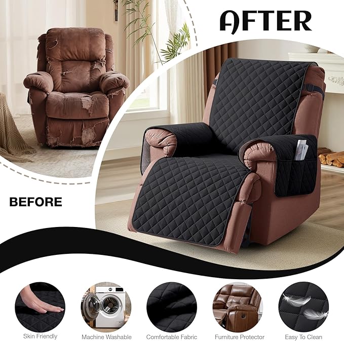 KinCam 100% Waterproof Recliner Chair Cover, Reclining Couch Covers for Pets, Dogs, Recliner Couch Slipcover Furniture Protector with Elastic Straps for Kids(23.6", Black)