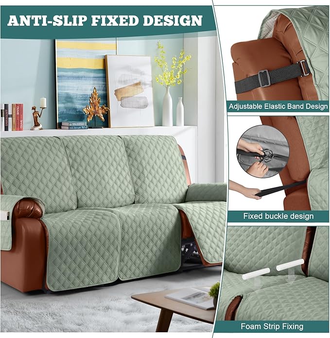 Ruaozz Waterproof Recliner Sofa Covers, 1-Piece Couch Covers for Reclining Couches Reclining Couch Cover Washable Furniture Protector with Elastic Straps Pocket for Kids Pets (Sage Green, 3 Seater)