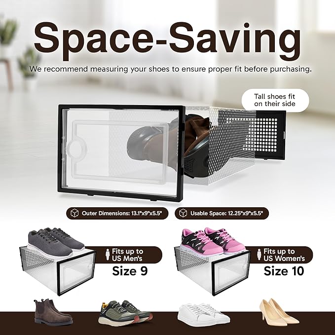 Reli. Shoe Boxes (14 Pack) | Clear Shoe Storage Boxes Stackable and Compact | Lightweight Plastic Storage Box with Ventilation Holes, Swing Door | Interlocking Containers, Stackable Rack | Black