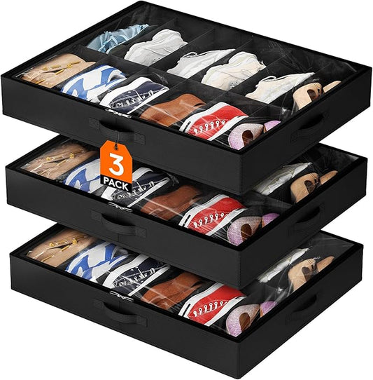 Lifewit Under Bed Shoe Storage Organizer 3 Pack(12 Pairs), 4.3" Tall Fabric Shoes Container Box, Foldable Closet Shoe Bag with 2 Reinforced Handles and Clear Cover, Black