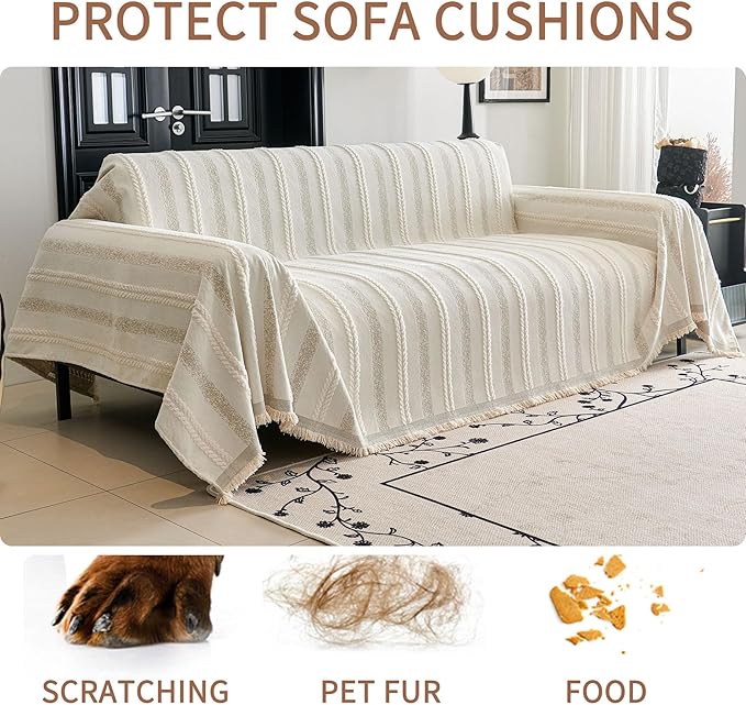 HAOMAIJIA Non Slip Couch Cover Sofa Covers for 3 Cushion Couch Washable sectional Couch Covers for Dogs pet Furniture Protector Couch Cover Blanket for Living Room (TM-Cream White, 91"x134")