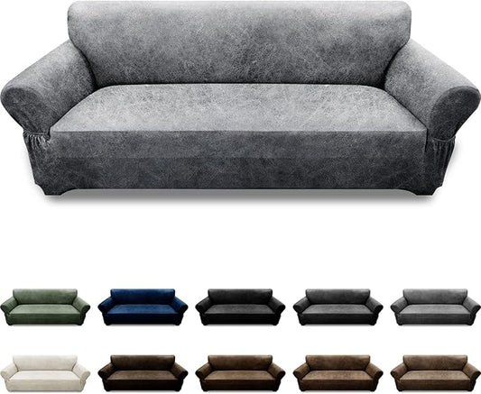 Couch Cover Leather Look 3 Seater Couch Sofa Cover 1-Piece Sofa Slipcover Stretch Furniture Protector with Elastic Bottom & Pockets(Sofa, Light Grey)