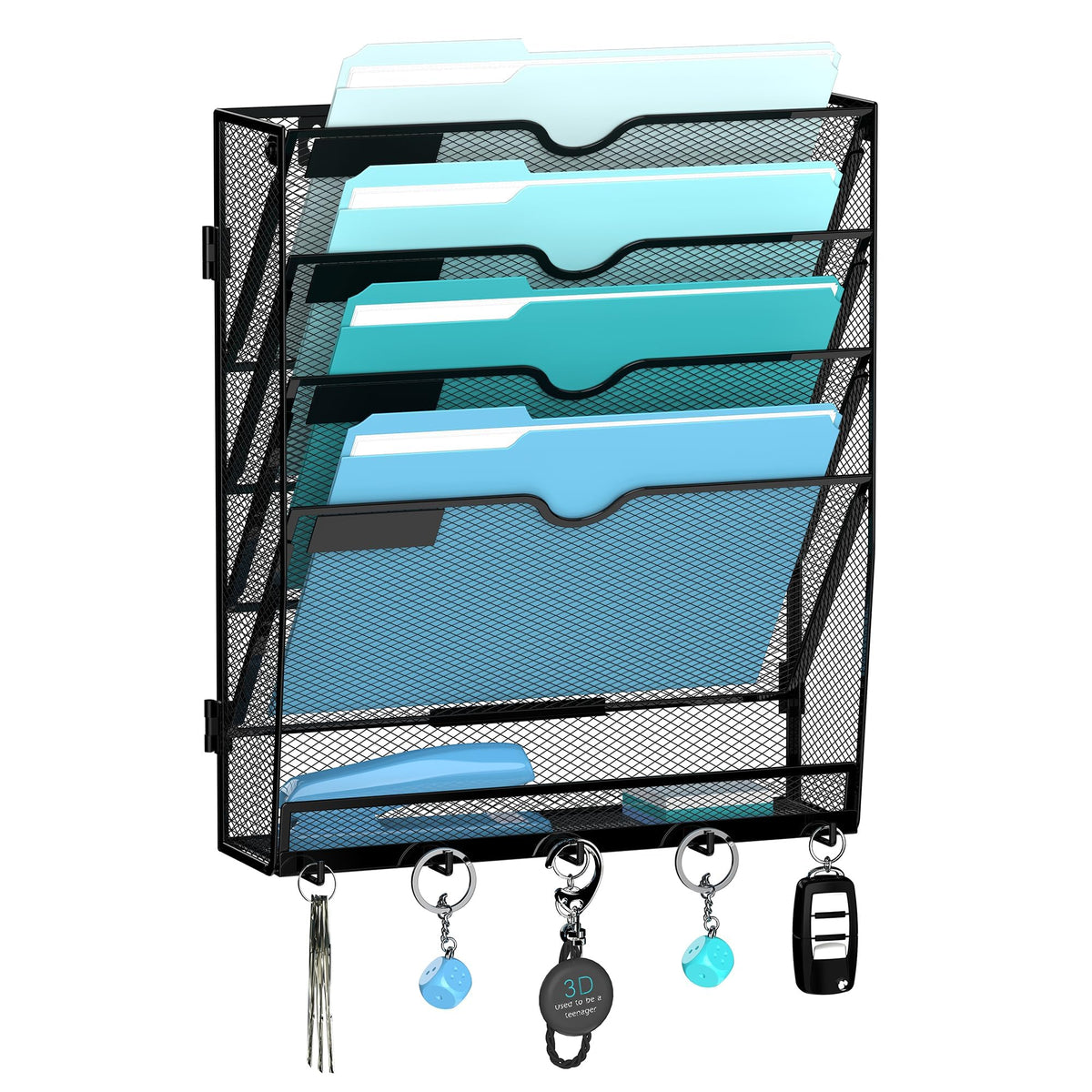 5-Tier Wall File Organizer and Mail Organizer with 5 Hooks, Black - Image 1