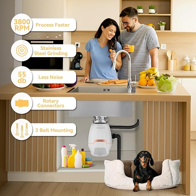 Trifecte Pro 3/4 HP Garbage Disposals with Sound Reduction,Food Waste Coutinuous Feed Garbage Disposal with Power Cord, Dishwasher Hook Up,3800RPM,White