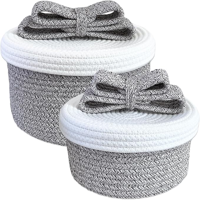 Small Decorative Baskets with Lids, Woven Rope Storage Basket with Lid for Home Decor; Small Boho Storage Basket, Bin and Box for Living Room, Bathroom, Bedroom or Shelf (grayish-brown)