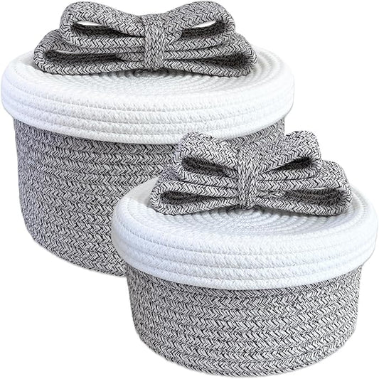 Small Decorative Baskets with Lids, Woven Rope Storage Basket with Lid for Home Decor; Small Boho Storage Basket, Bin and Box for Living Room, Bathroom, Bedroom or Shelf (grayish-brown)