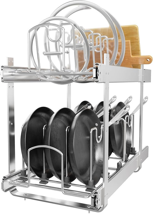 2-Tier Kitchen Pull out Cabinet Organizer for Pots, Pans, and Lid Cookware, Adjustable Heavy Duty Wire Pan and Pot Rack, Full-Extension Rail 12" W *22" D