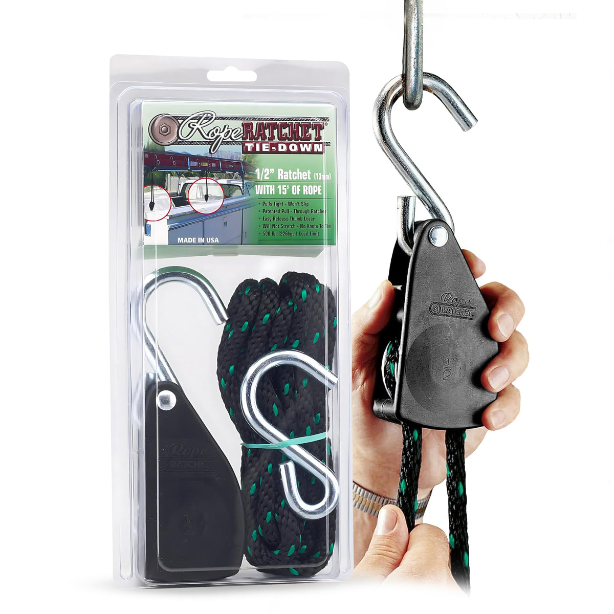 Rope Ratchet 1/2 Self Locking Pulley Hoist - 15' Garage - Image 1