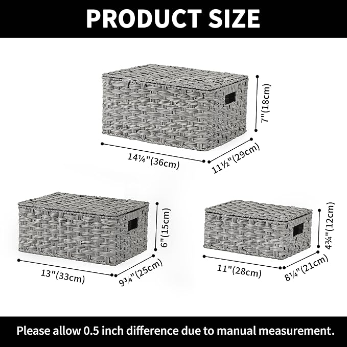 GRANNY SAYS Wicker Storage Baskets, Decorative Boxes with Lids, Set of 3 Nesting Wicker Baskets for Organizing, Gray, 3-Pack