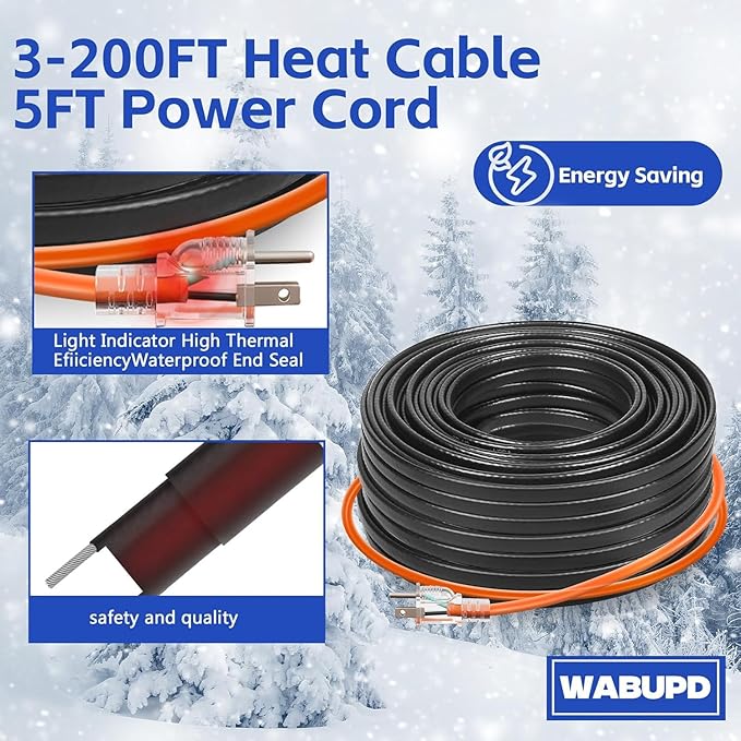 3FT-200FT Heat Tape for Water Pipes, -40°F Deicing Pipe Heat Cable,Electric Heating Cable Pipe,Frezze Protection for Heat Trace Cable for Metal, Plastic Home Pipes,Gutter,120V 5W/ft（160FT）