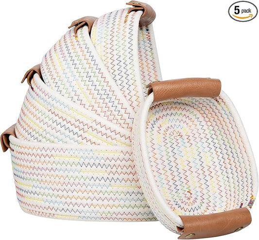 5 Piece Storage Baskets Small Woven Basket with Detachable Leather Handle, Cotton Rope Shelf Baskets for Closet Organizers, Different Sizes Basket Decor, Rainbow