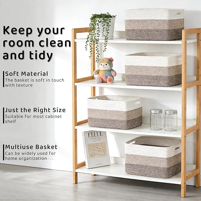 4 Pack Storage Baskets for Organizing, 12''Lx10''Wx8''H Woven Baskets for Storage Toys, Towels, Books, and Clothes, Cotton Rope Basket for Shelves with Handle White & Brown