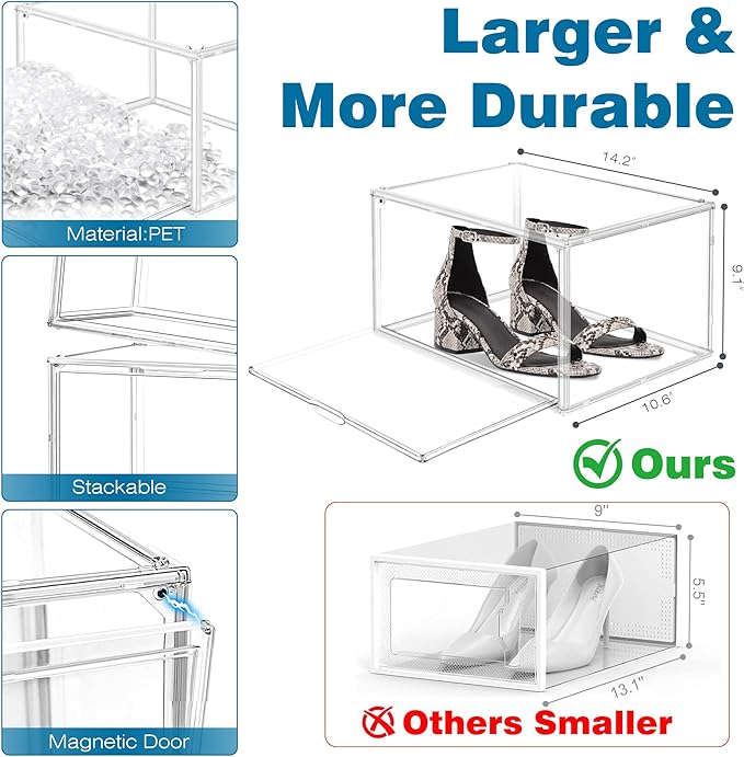 Clear Shoe Storage Boxes Stackable Size 14, Large Acrylic Shoe Box Sneaker Display Case for Sneakerheads Boot Handbag Purse Figure Collectibles Showcase, 1 Pack